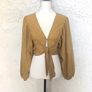 Storia Tie Front Crop Top Blouse Womens Medium Bell Puff  Sleeve in Maple Sugar - Picture 1 of 19