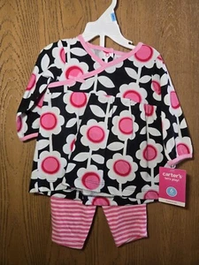 NWT Size 6M Carter's 2pc outfit pink black floral tunic shirt & striped pants  - Picture 1 of 2