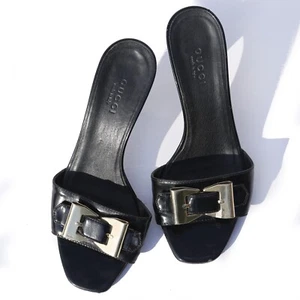 Gucci x Tom Ford Black Patent Slides Silver Buckle Stiletto Heels Open Toe Mules - Picture 1 of 7