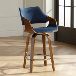 Westin Walnut Swivel Bar Stool 25 3/4" High Blue Cushion Kitchen Counter Island - Picture 1 of 10