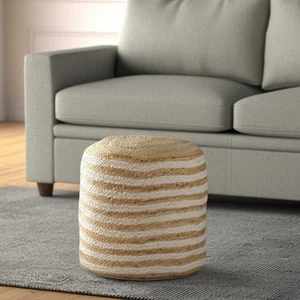 18" Natural And White Jute Blend Cylinder Striped Pouf Ottoman - Picture 1 of 11