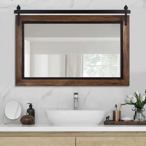 Farmhouse Barn Door Mirror, 40"x26" Rustic Bathroom Mirror, Wood Frame Wall M... - Picture 1 of 7