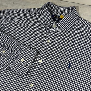 Polo Ralph Lauren Men Shirt Blue Large Slim Fit Gingham Check Cotton Button Down - Picture 1 of 8