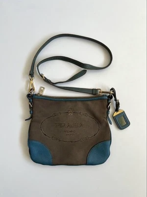 PRADA Bolso de Hombro Cartera Logo JACQUARD Cuero Azul Claro Beige Auténtico - Imagen 1 de 4
