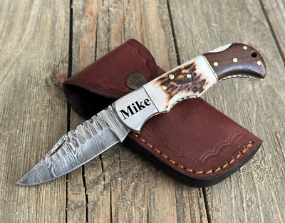 Damascus Steel Pocket Folding Knife Stag Antler Horn Handle With Leather Sheath - Image 1 of 4