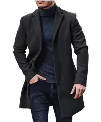 Men Wool Coat Winter Trench Outwear Overcoat Long Jacket Lapel Single Breasted - Image 1 of 4