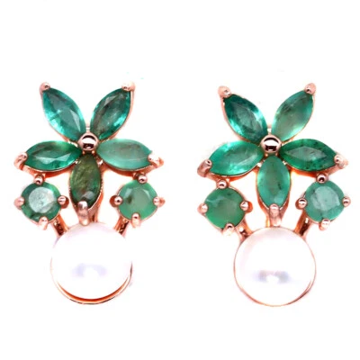 925 Sterlingsilber Rosegold Beschichtet 6 Mm. Weiße Perle & Grün Smaragd - Bild 1 von 4