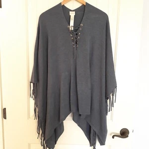Chico's Lace-Up Fringe Poncho in Navy Blue One Size - Picture 1 of 11