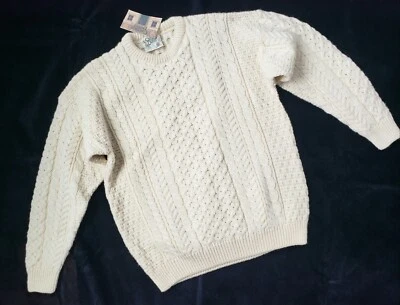 Nuevo Suéter de Lana Carraig Donn Talla M Pescador Aran Grueso Irlandés Tejido con Cable Foto 1 de 4