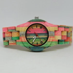 Multicolored All Wooden Quartz Analog Women's Watch Sz. 7 1/2" New Battery - Picture 1 of 10