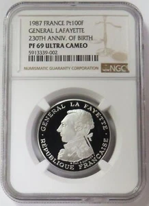 1987 PALLADIUM FRANCE 100 FRANCS LAFAYETTE COIN NGC PROOF 69 ULTRA CAMEO - Picture 1 of 4