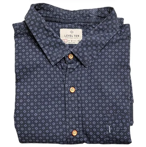 Level Ten Men's Navy Blue Geometric Short Sleeve Button Up Cotton Shirt Large - Picture 1 of 8