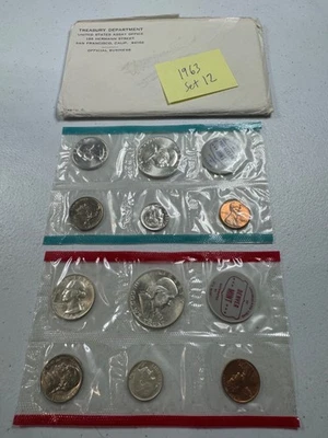 (1) 1963  US MINT SILVER P & D Set,  in all OGP,  w/ 90%  SILVER COINS,   SET 12 - Image 1 of 4