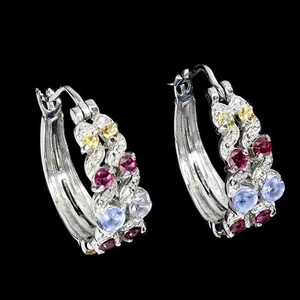925 Sterling Silver Earrings Round Tanzanite Rhodolite Sapphire Gemstone Jewelry - Picture 1 of 13