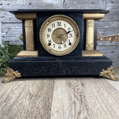 Antique Mantle Clock Pendulum Gilbert Movement Lion Heads Black & Gold - Image 1 of 4