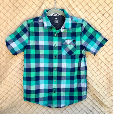 Camisa Shaun Blanca Niño Talla L (12/14) Azul/Verde A Cuadros Manga Corta Botón Foto 1 de 2