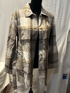 Chaqueta de franela a cuadros Talbots, cintura atada, parte inferior con flecos, tostado/gris, damas M, nueva sin etiquetas - Imagen 1 de 5