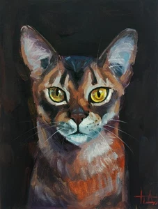 Original Oil Painting Portrait Abyssinian Cat 8x6 inches with artist signature - Picture 1 of 5