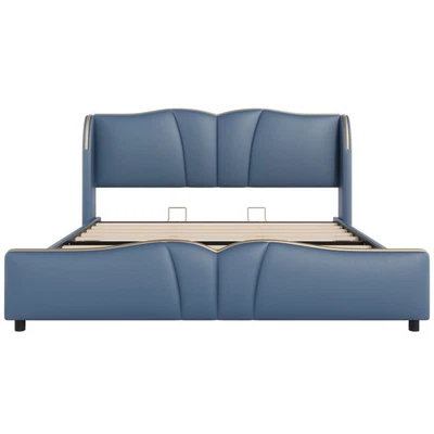 King Size Leather Bed Wingback Headboard Wavy Footboard No Box Spring Needed - Image 1 of 4