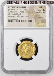 NobleSpirit GOLD Justinian I, AD 527-565 BYZANTINE EMPIRE AV Solidus NGC MINT - Picture 1 of 4