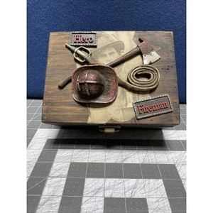 Wooden Fireman Hero Treasure Chest Trinket Picture Hinged Box 5.5" x 7.5" - Picture 1 of 8