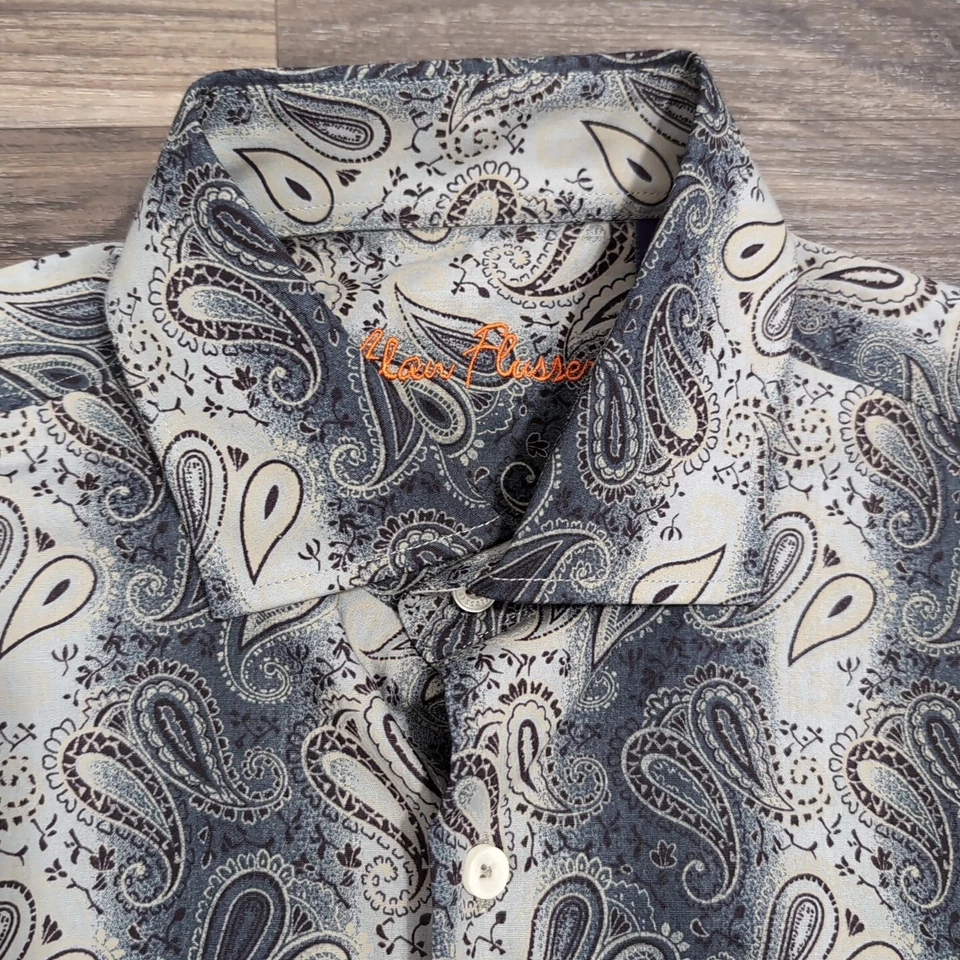 Alan Flusser 男式 M 佩斯利纽扣礼服衬衫灰色/薄色花卉条纹 — 第 1/4 张图片