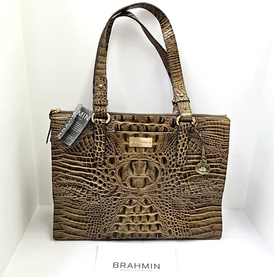 全新 Brahmin Anywhere 托特包 大麻 墨尔本 手提包 压花 Croc 皮革 G95151HE — 第 1/4 张图片