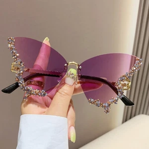 Luxury Diamond Butterfly Sunglasses Women Brand Y2K Vintage Rimless Oversized Su - Picture 1 of 12
