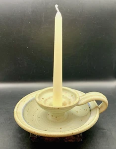 Stoneware Candle Holder Chamberstick Drip Tray Pottery Signed Blue Gray 7" D - Picture 1 of 8