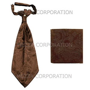 New Vesuvio Napoli Men's Polyester Ascot Cravat Necktie Hankie Paisley Brown - Picture 1 of 2