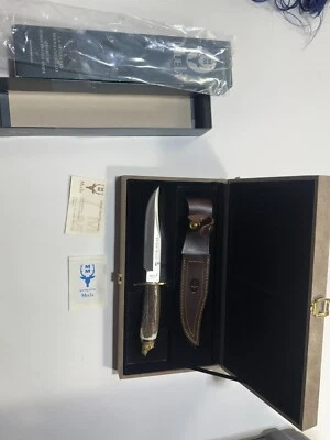 Cuchillo Bowie de caza de jabalíes Muela y funda de cuero y caja Foto 1 de 4