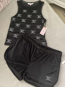 JUICY COUTURE SLEEPWEAR PAJAMA SET SHORTS & TANK TOP STUDDED LOGO BLACK LARGE - Picture 1 of 5