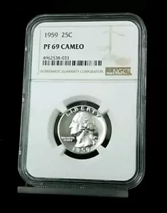 1959 25C NGC PF 69 CAMEO 90% SILVER PROOF WASHINGTON QUARTER 2545 - Picture 1 of 4