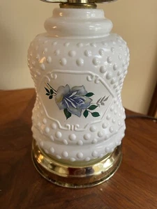 Vintage/White Milk Glass/Hobnail With Blue Rose On Base 18” With Clear Globe - Picture 1 of 10