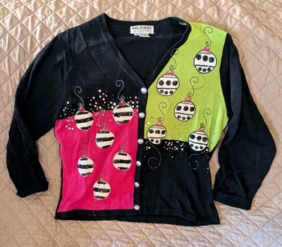 Jack B. de colección Cárdigan Quick Sweater Navidad Cuentas Verde Rosa Lentejuelas Talla XL Foto 1 de 4