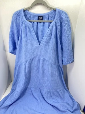 Gap Gauze Tier Dress Womens Size 2XL Blue Short Sleeve Split V-Neck Pockets NWT - Image 1 of 4