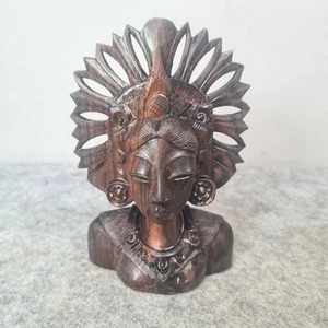 Vintage Hand Carved Wooden Sculpture Bust Dark Wood Bali Woman Balinese Head - Picture 1 of 12