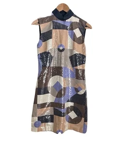 Shanghai Tang Women’s 100% Silk Abstract Geometric Sequin Qipao Dress US Size 4 - Picture 1 of 11