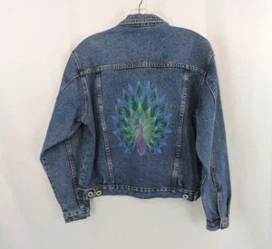 Stone Washed blaue Jeansjacke Größe 10/12 individuell bestickt Pfau auf dem Rücken - Bild 1 von 24