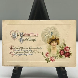 JOHN WINSCH 1914 Valentine POSTCARD Art Nouveau Lady SPECTACULAR FEATHERED HAT - Picture 1 of 7