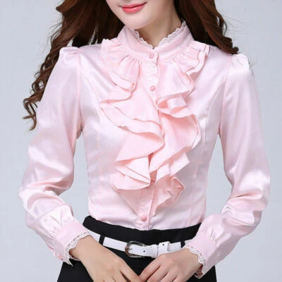 Women Satin Blouse Faux Silk Lace Shirt Ruffle Frill Lolita Office Top Grey Pink - Image 1 of 4