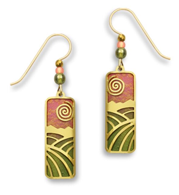 Adajio Earrings - Coral and Green Birdhouse Drop with Shiny Gold Plated Leaves