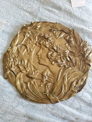 Art Nouveau Female Floral Metal Hanging Wall Relief Plaque Vintage Deco Flowers - Image 1 of 4