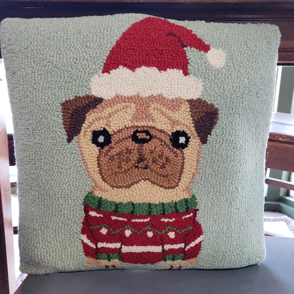 Christmas Fawn Pug Dog Wool Hooked Pillow 16" by Peking Handicraft - Image 1 of 1
