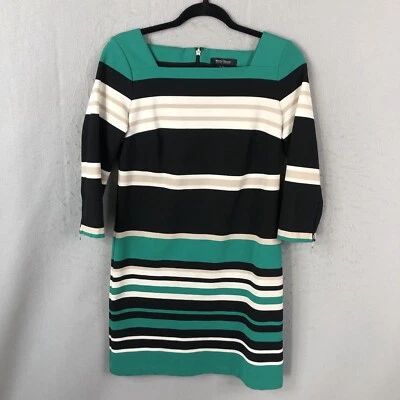 White House Black Market Dress  4 Green Blue Striped Ponte Knit Classic Preppy - Image 1 of 4