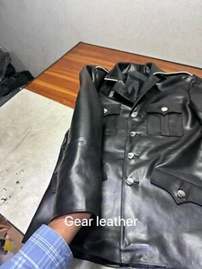 Men's Real Black Cow Leather Tunic Jacket Biker Military officer Tunic Gay Bluff - Picture 1 of 5