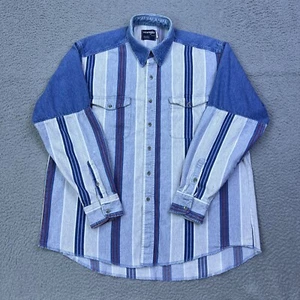 VTG Wrangler Shirt 17.5-33 Button Up Striped Denim Western Cowboy X-Long Tails - Picture 1 of 13