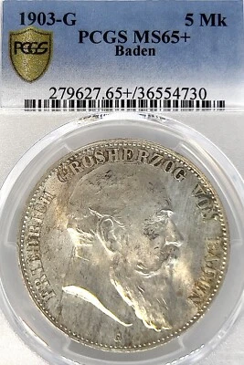 German State Baden 1903 5 Mark Coin Thaler PCGS MS 65+ Taler STG UNC RARE BU/TOP - Image 1 of 3