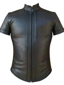 Men's Real Leather Shirt Gay Biker Schwarz Cuir Lederhemd Black Punk Kink Zipper - Picture 1 of 3