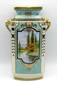 ANTIQUE NIPPON SIGNED ART DECO HAND PAINTED LAKE SCENE w/GOLD GILT VASE (11") - Picture 1 of 5